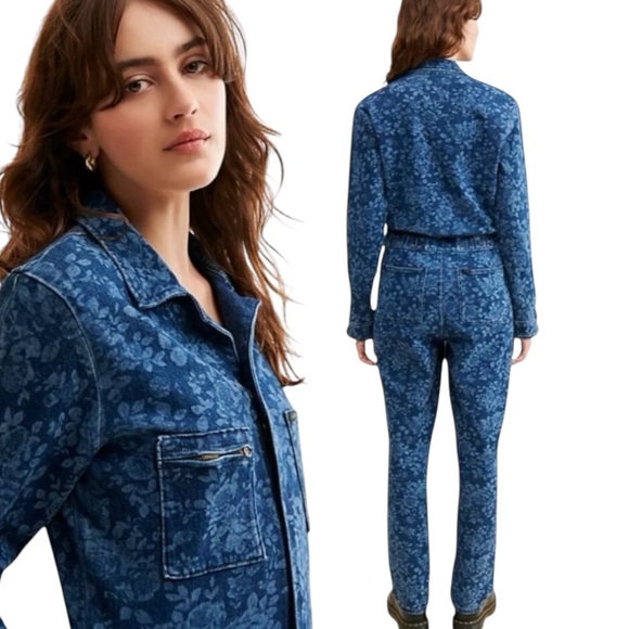 Free people denim jumpsuit boiler suit floral blue New XS overalls - Picture 4 of 16